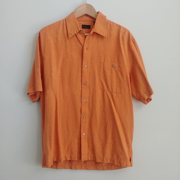 Van Heusen Mens 100% silk orange short sleeve button down shirt Medium - Picture 1 of 15